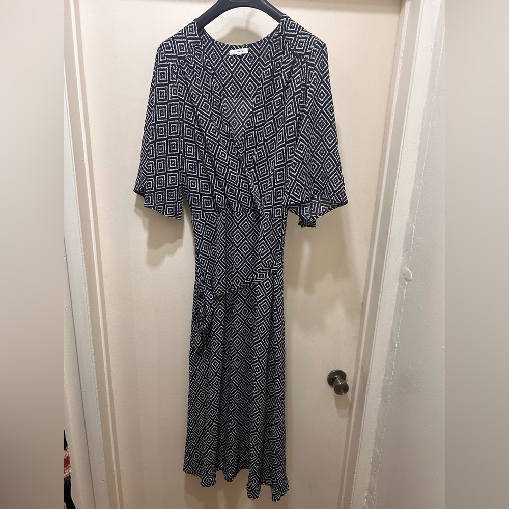 Pleione Maxi Dress Womens Size Large Faux Wrap Belted V Neck Geometric Flowy